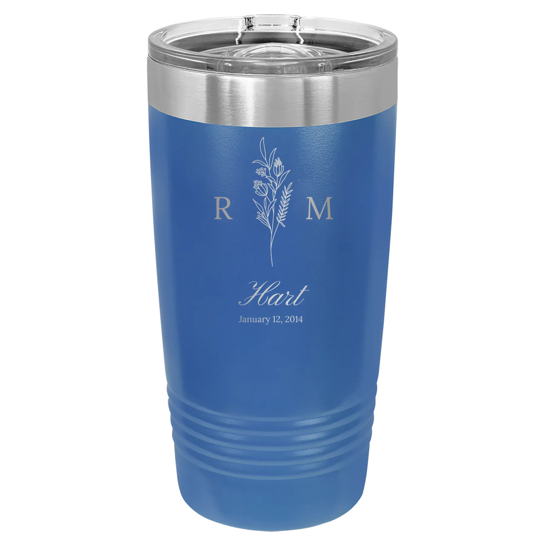 Personalized royal blue 20 oz vacuum insulated tumbler with '3 Lines Initial Last Name Anniversary' design