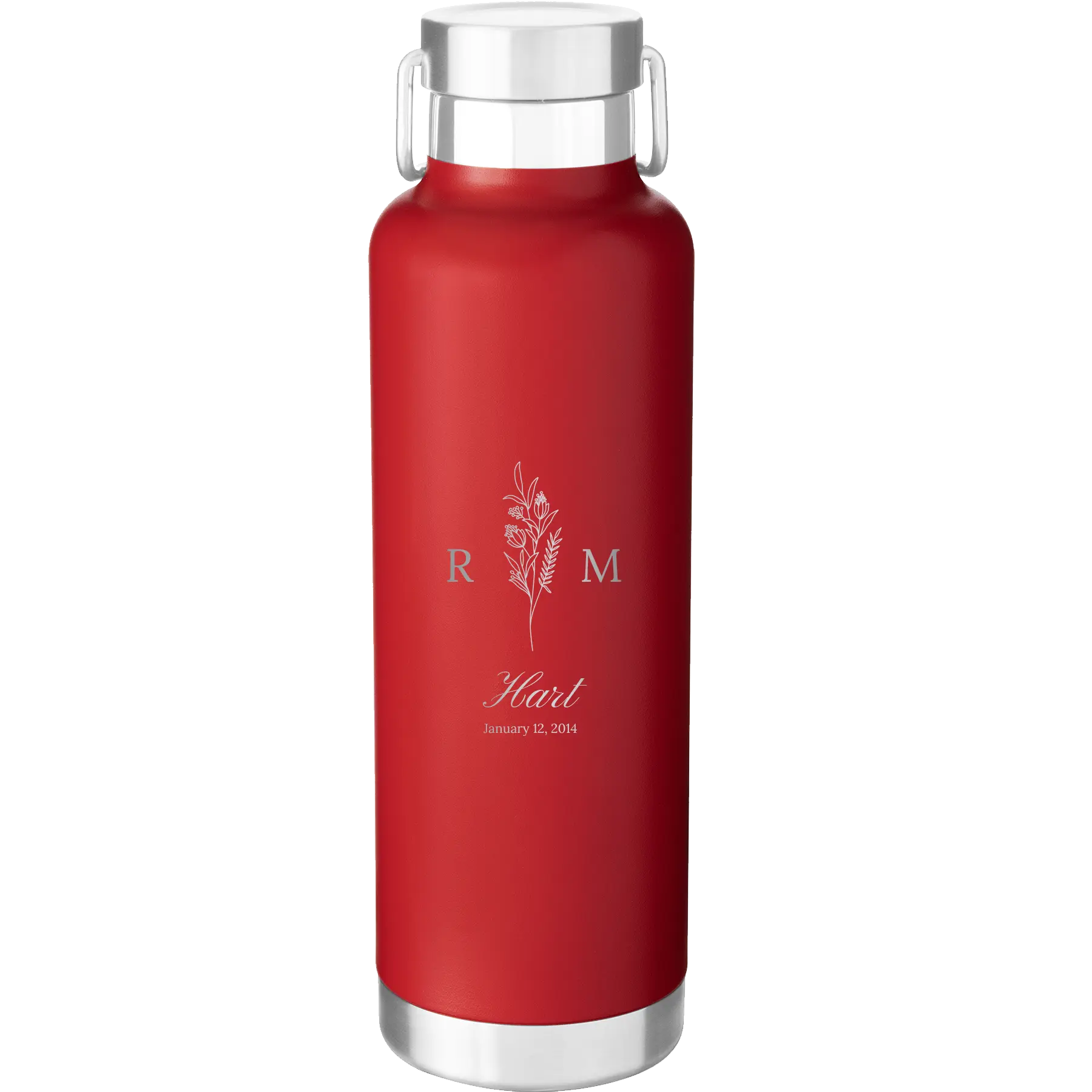 Personalized red 24 oz vacuum insulated water bottle with '3 Lines Initial Last Name Anniversary' design