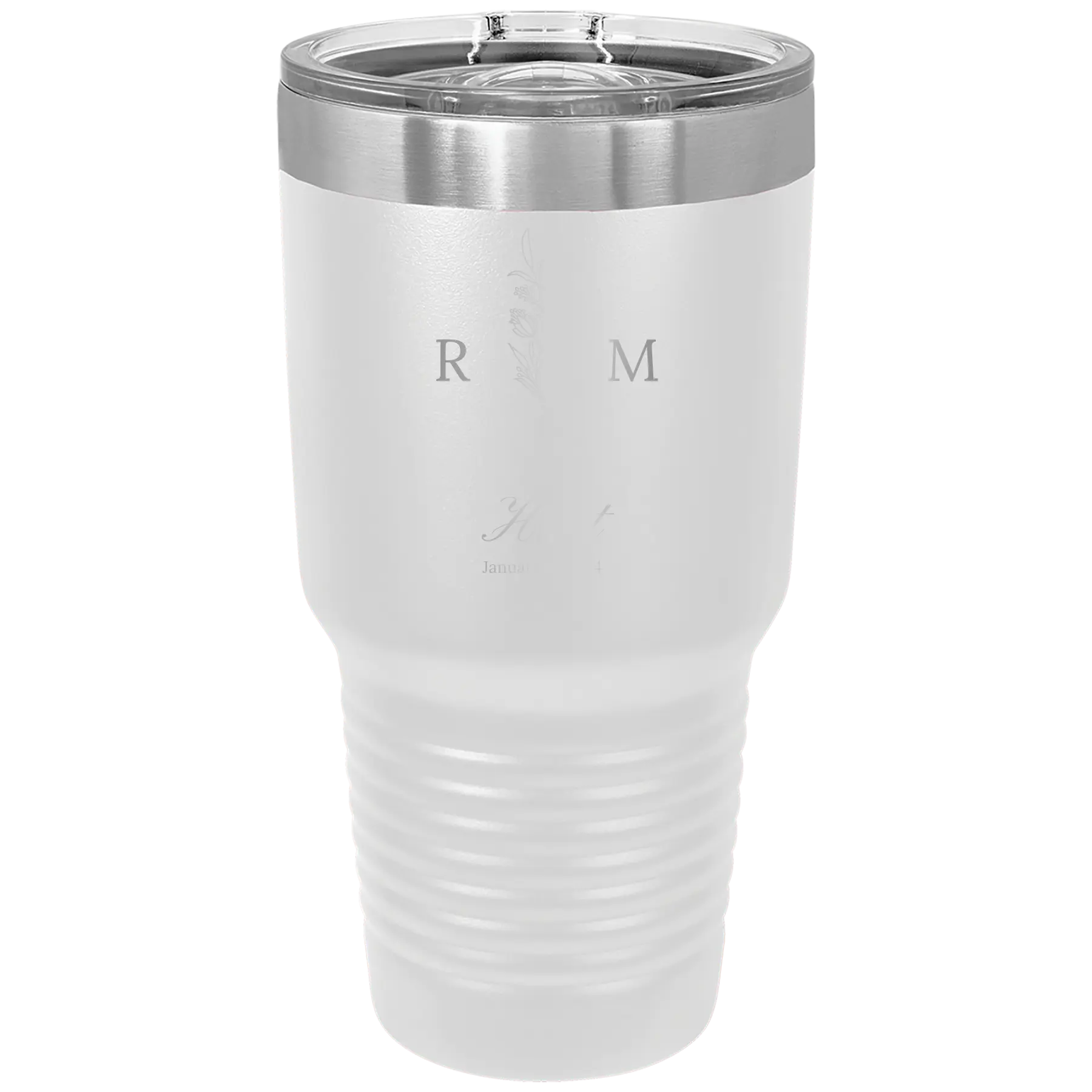 Personalized white 30 oz vacuum insulated tumbler with '3 Lines Initial Last Name Anniversary' design