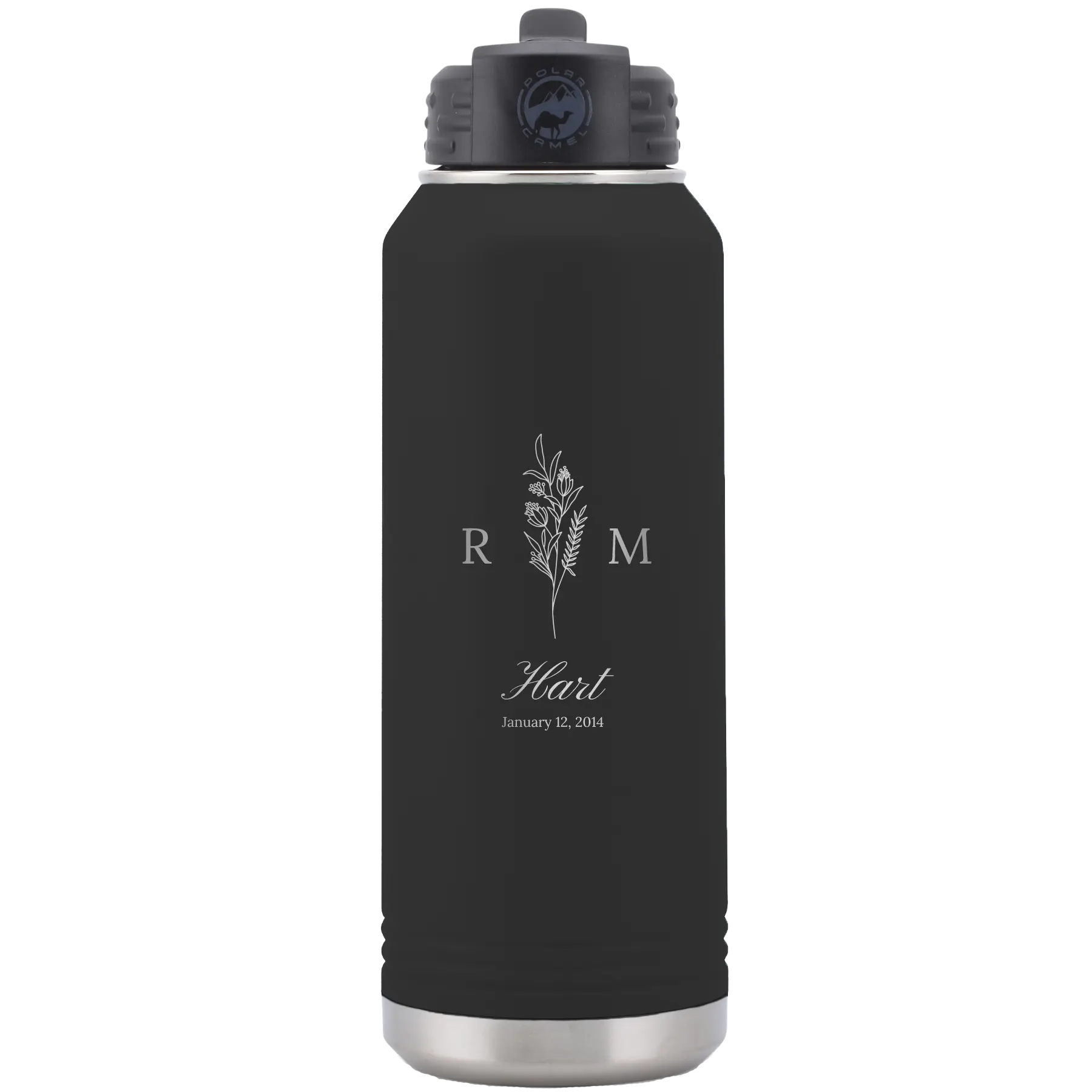 Personalized black 32 oz vacuum insulated water bottle with '3 Lines Initial Last Name Anniversary' design