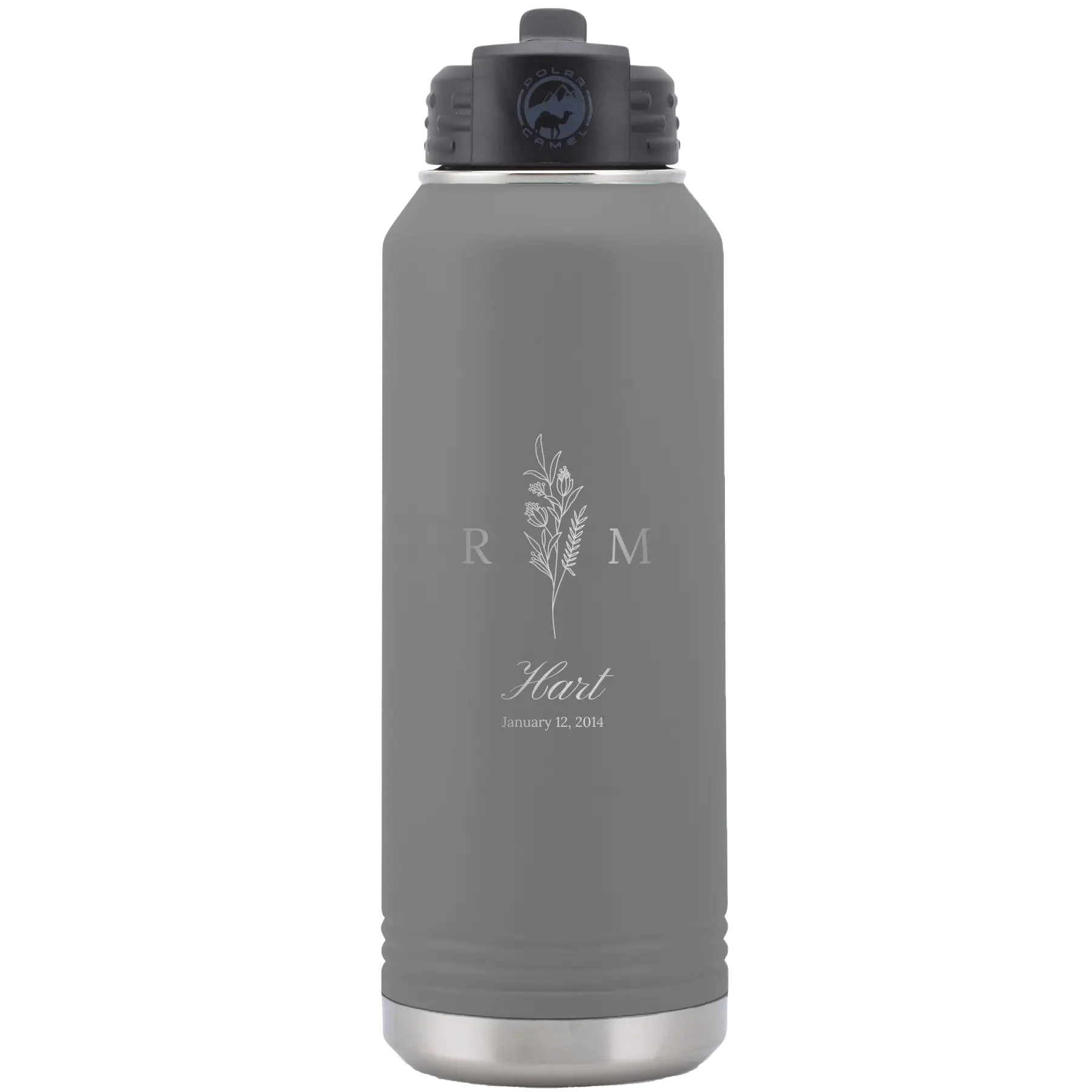 Personalized dark gray 32 oz vacuum insulated water bottle with '3 Lines Initial Last Name Anniversary' design