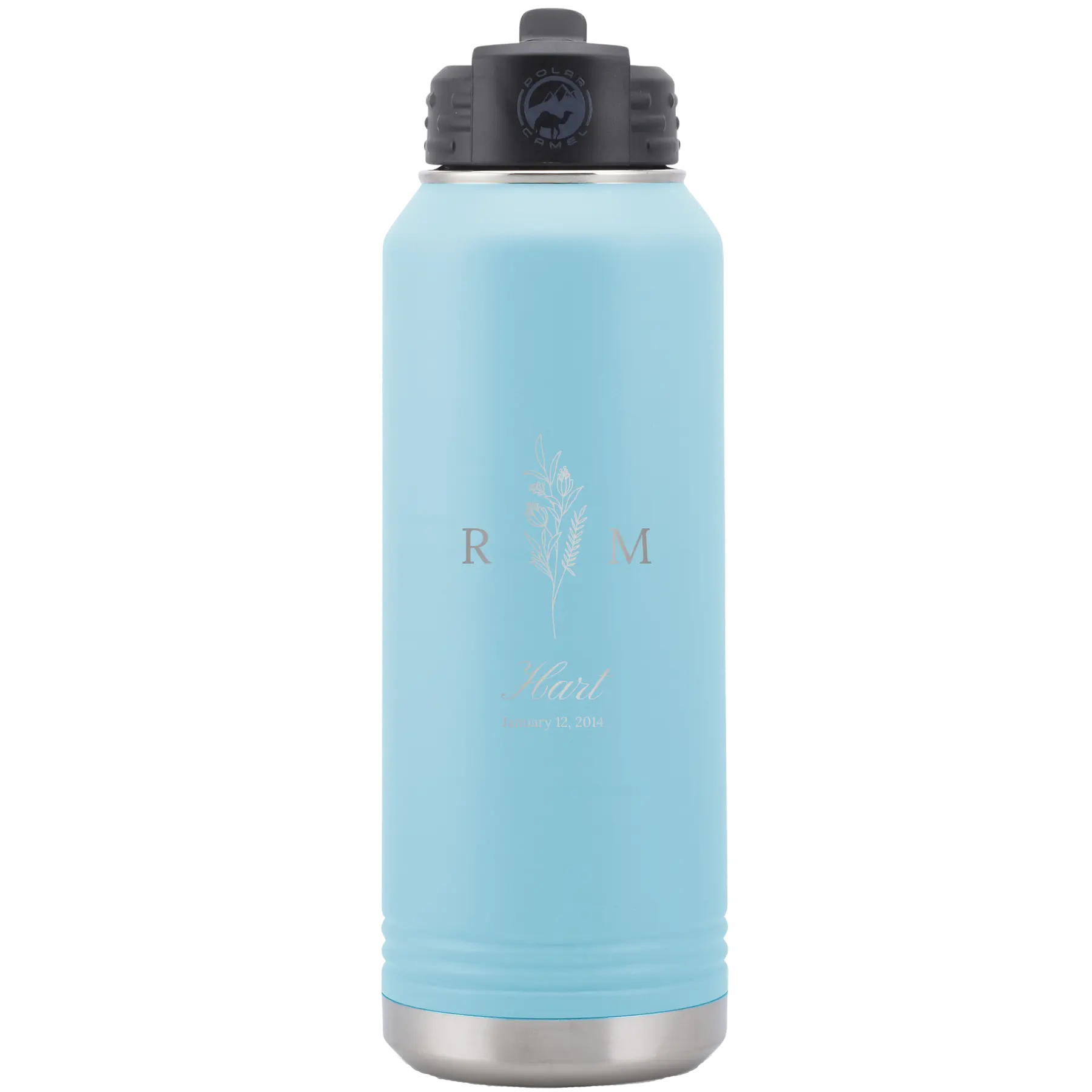 Personalized light blue 32 oz vacuum insulated water bottle with '3 Lines Initial Last Name Anniversary' design