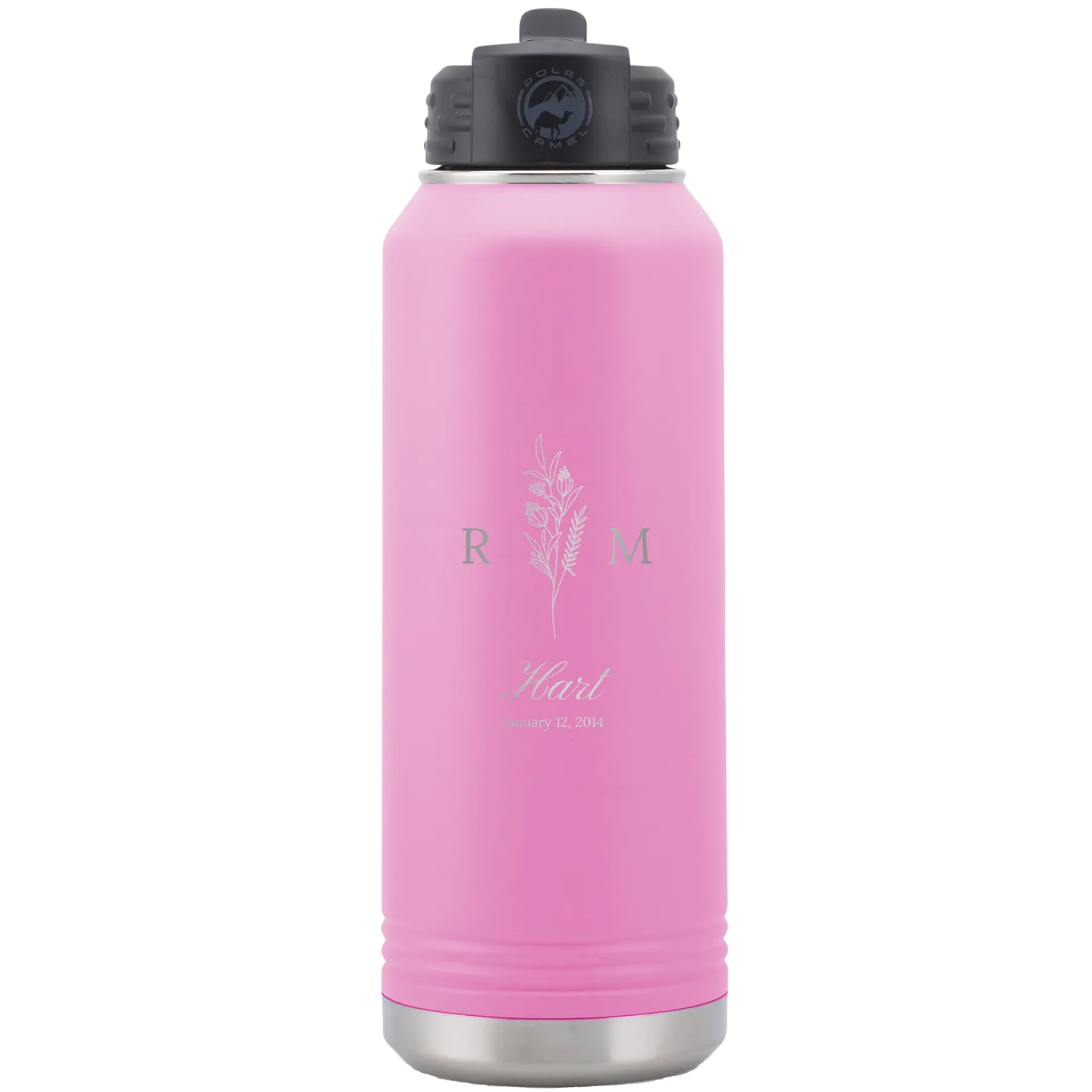 Personalized light purple 32 oz vacuum insulated water bottle with '3 Lines Initial Last Name Anniversary' design