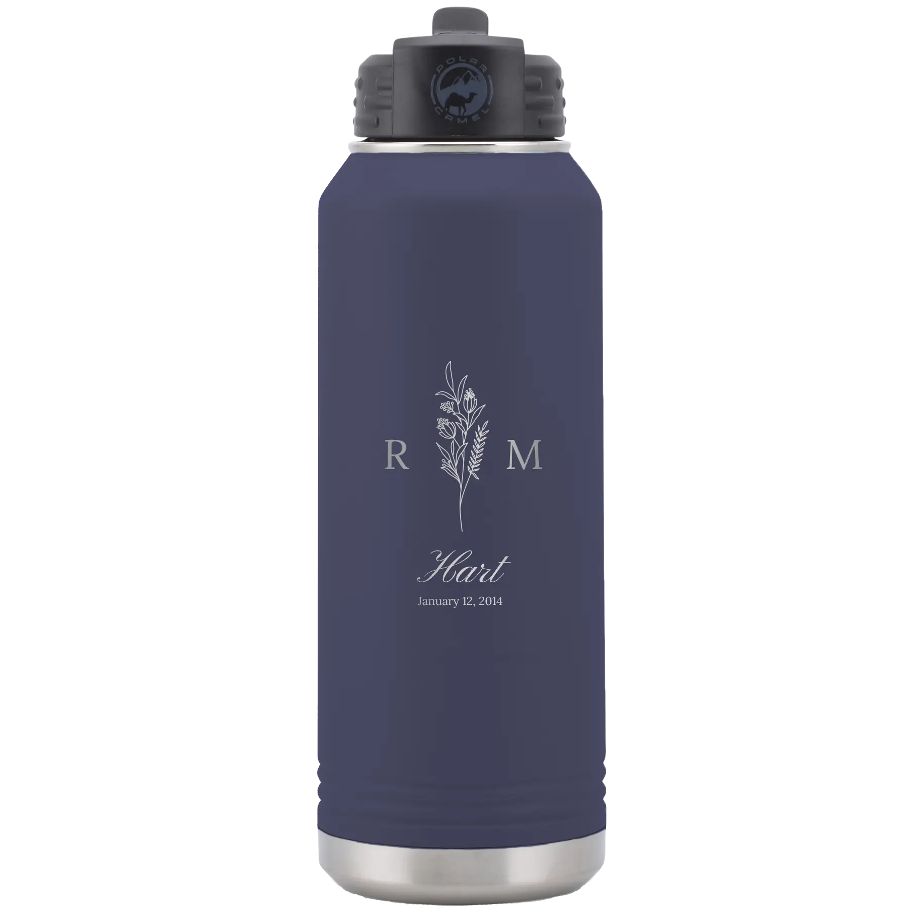 Personalized navy 32 oz vacuum insulated water bottle with '3 Lines Initial Last Name Anniversary' design