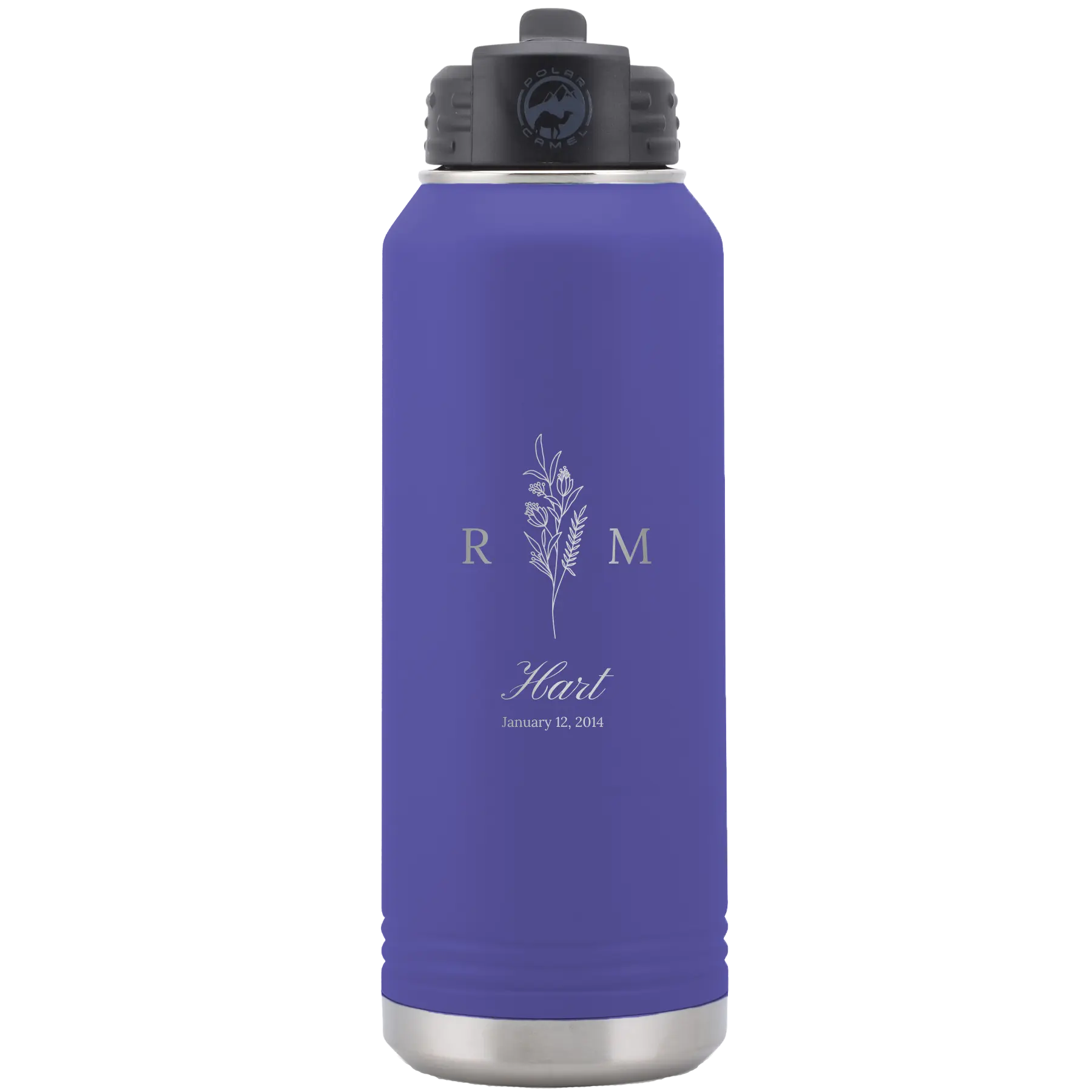 Personalized purple 32 oz vacuum insulated water bottle with '3 Lines Initial Last Name Anniversary' design