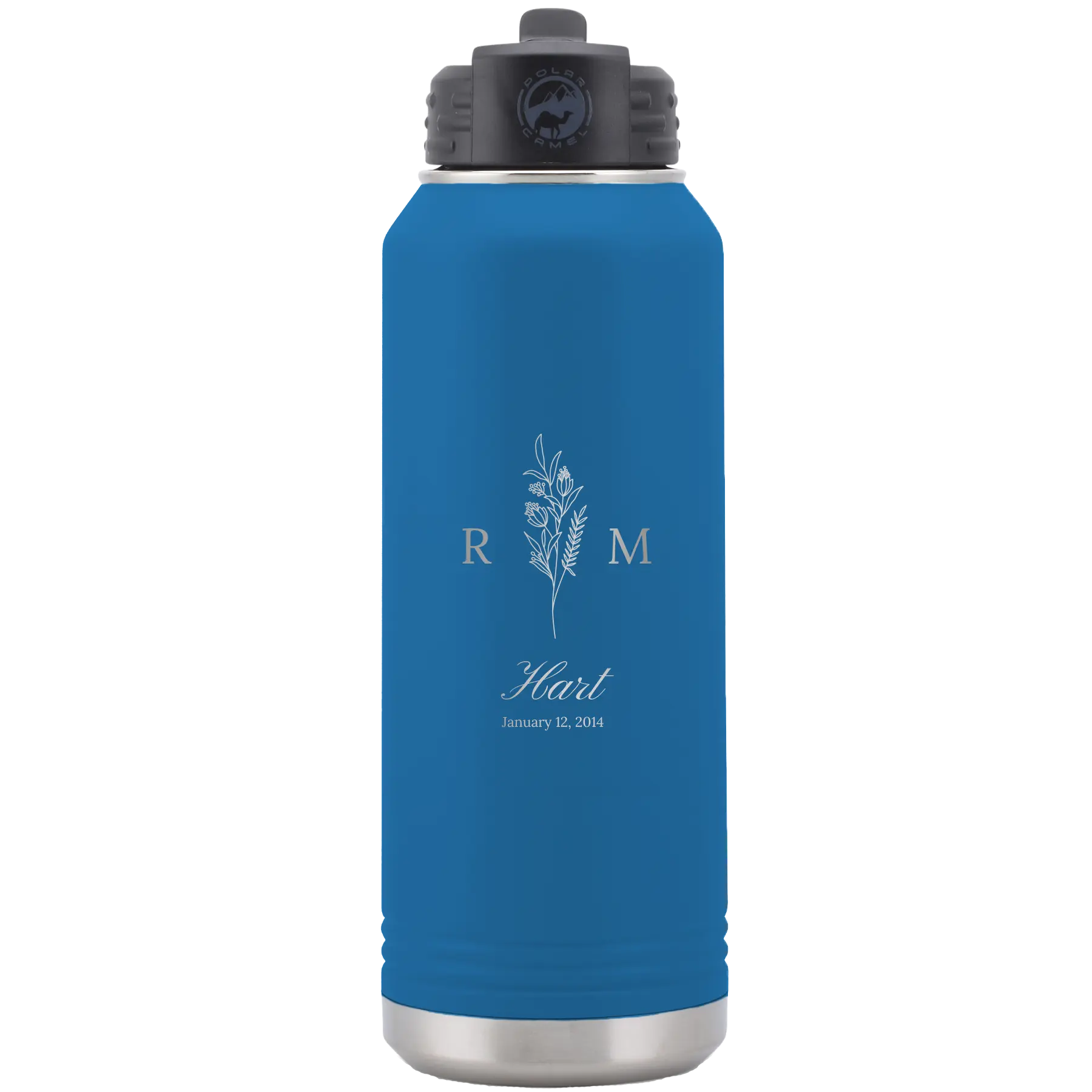Personalized royal blue 32 oz vacuum insulated water bottle with '3 Lines Initial Last Name Anniversary' design