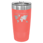 Laser etched coral 20 oz vacuum insulated tumbler with 'Let the next adventure begin' design
