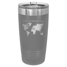 Laser etched dark gray 20 oz vacuum insulated tumbler with 'Let the next adventure begin' design