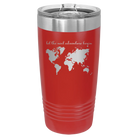 Laser etched red 20 oz vacuum insulated tumbler with 'Let the next adventure begin' design