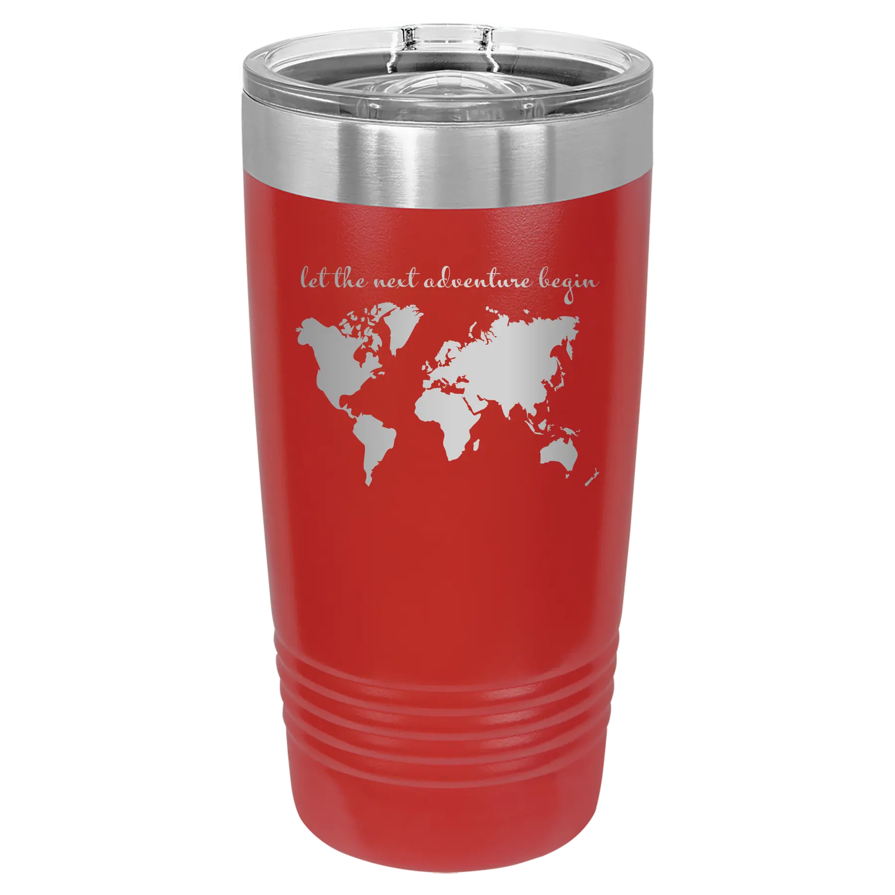 Laser etched red 20 oz vacuum insulated tumbler with 'Let the next adventure begin' design