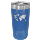 Laser etched royal blue 20 oz vacuum insulated tumbler with 'Let the next adventure begin' design