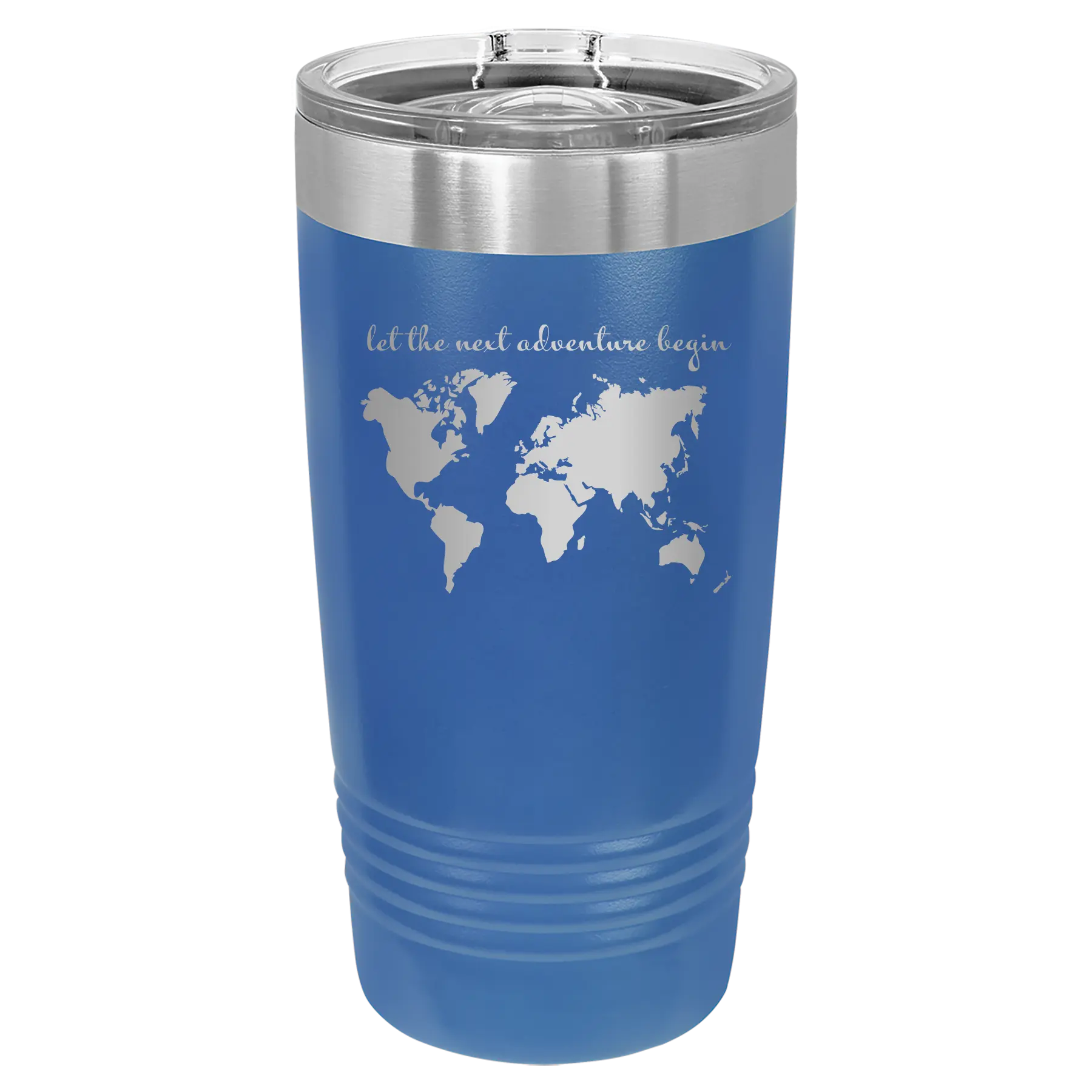 Laser etched royal blue 20 oz vacuum insulated tumbler with 'Let the next adventure begin' design