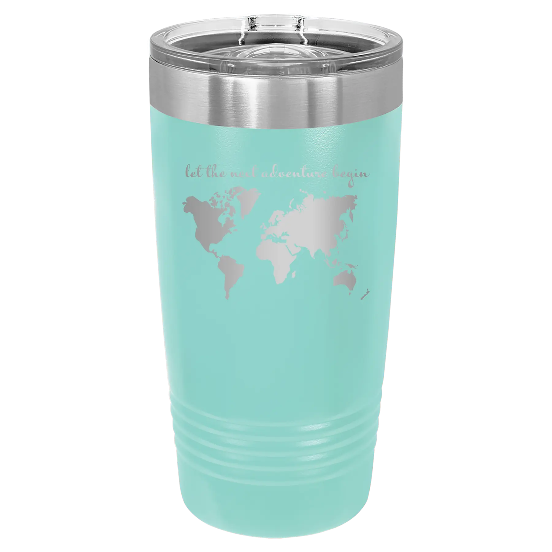 Laser etched teal 20 oz vacuum insulated tumbler with 'Let the next adventure begin' design
