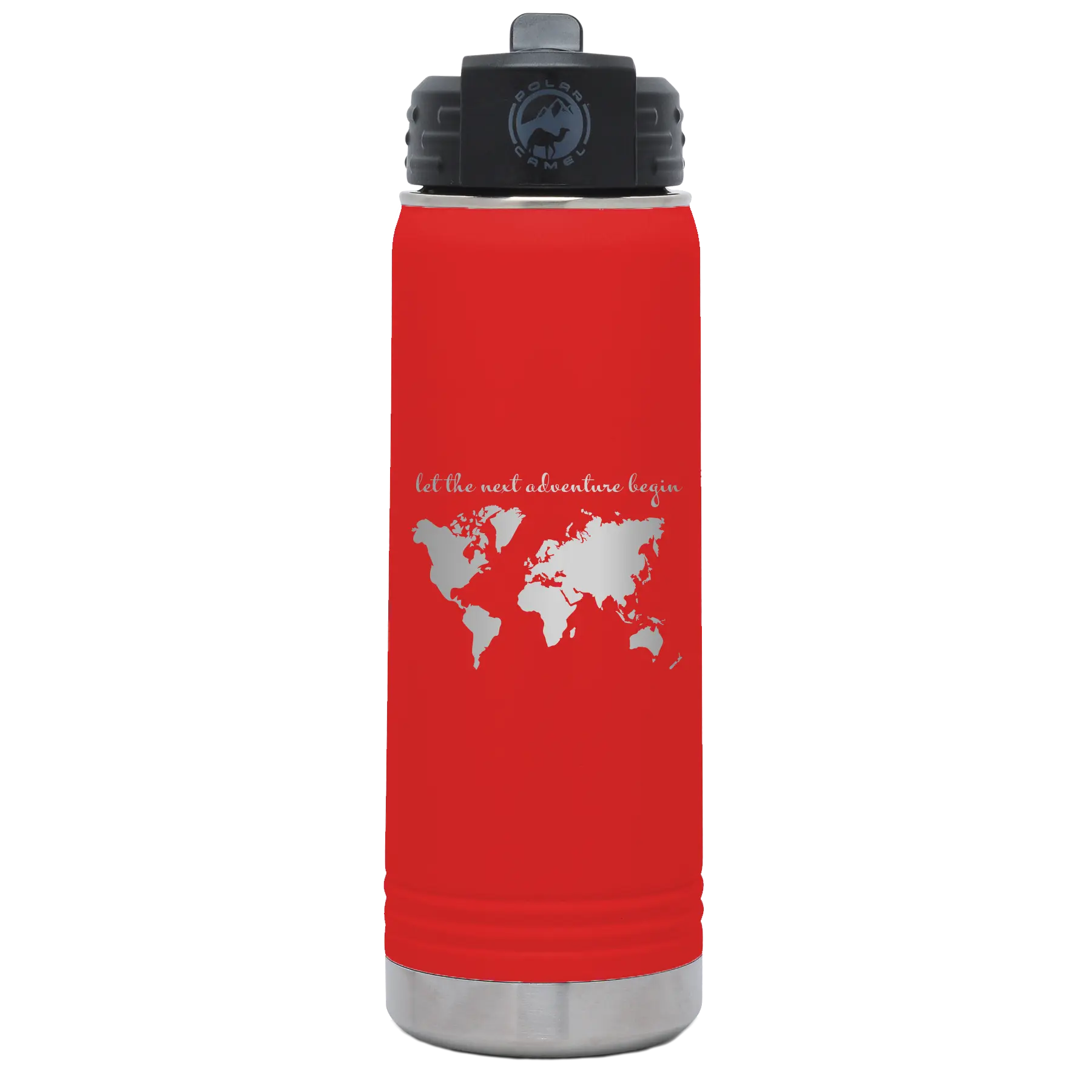 Laser etched red 20 oz vacuum insulated water bottle with 'Let the next adventure begin' design