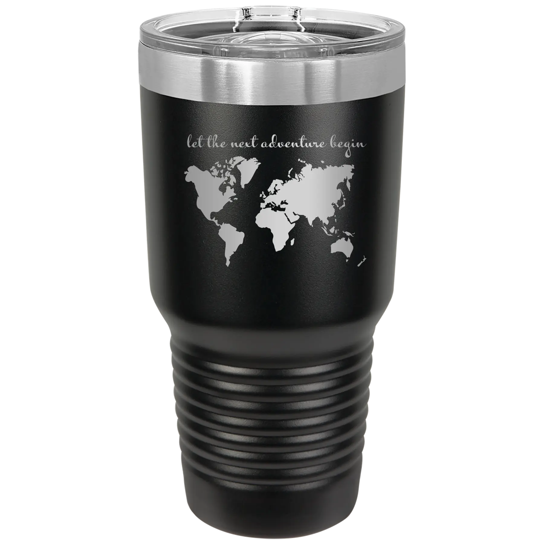 Laser etched black 30 oz vacuum insulated tumbler with 'Let the next adventure begin' design