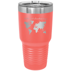 Laser etched coral 30 oz vacuum insulated tumbler with 'Let the next adventure begin' design