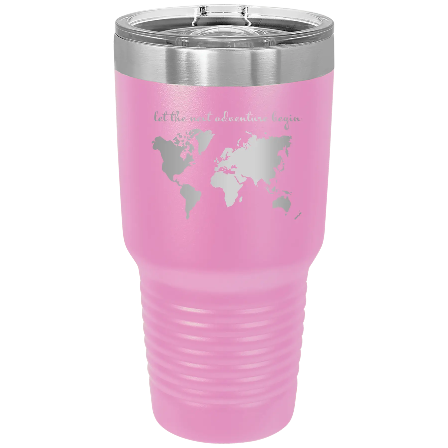 Laser etched light purple 30 oz vacuum insulated tumbler with 'Let the next adventure begin' design