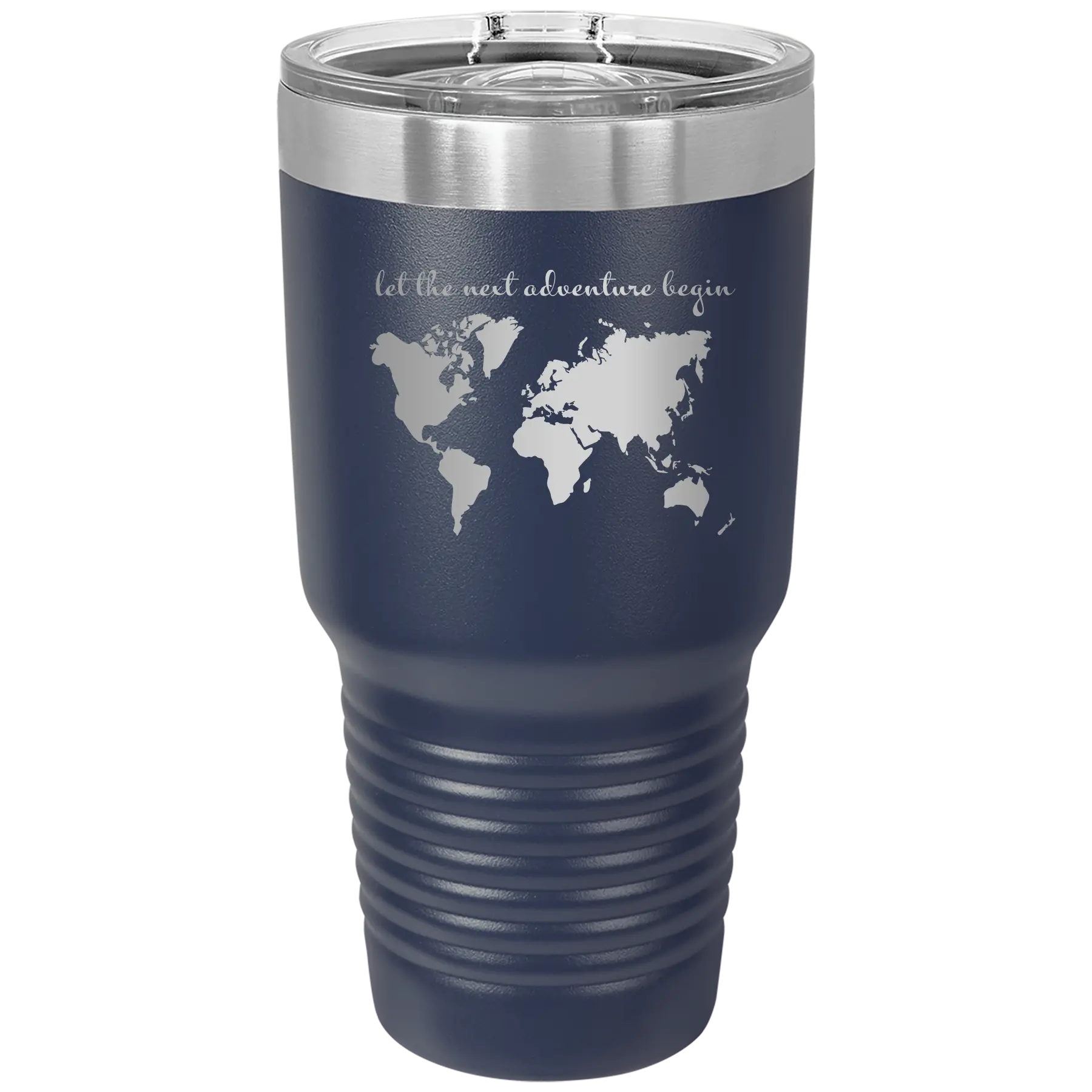 Laser etched navy 30 oz vacuum insulated tumbler with 'Let the next adventure begin' design