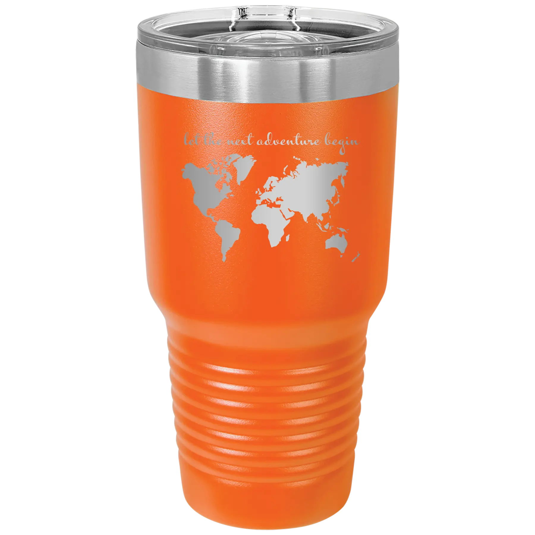 Laser etched orange 30 oz vacuum insulated tumbler with 'Let the next adventure begin' design