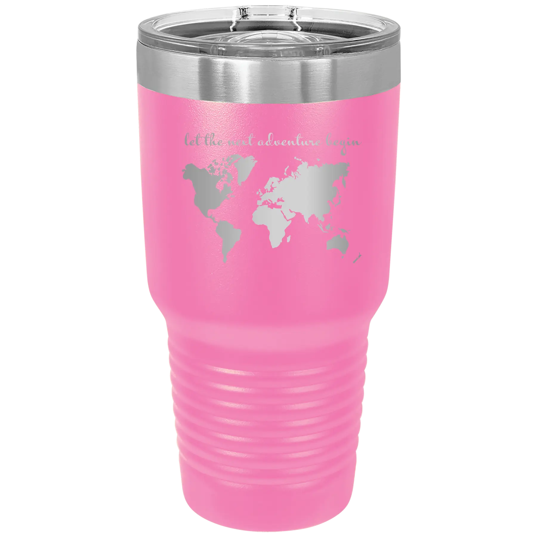 Laser etched pink 30 oz vacuum insulated tumbler with 'Let the next adventure begin' design