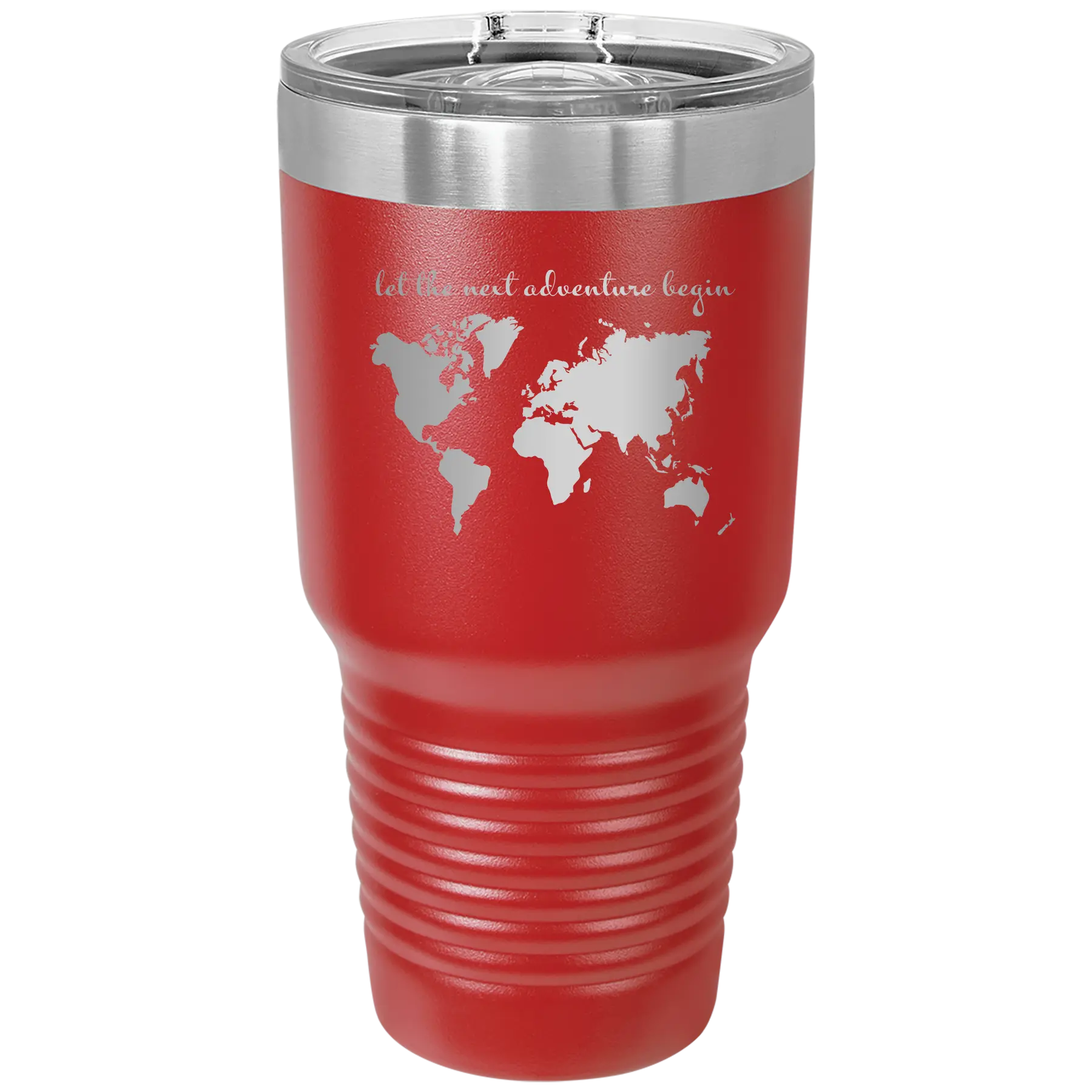 Laser etched red 30 oz vacuum insulated tumbler with 'Let the next adventure begin' design