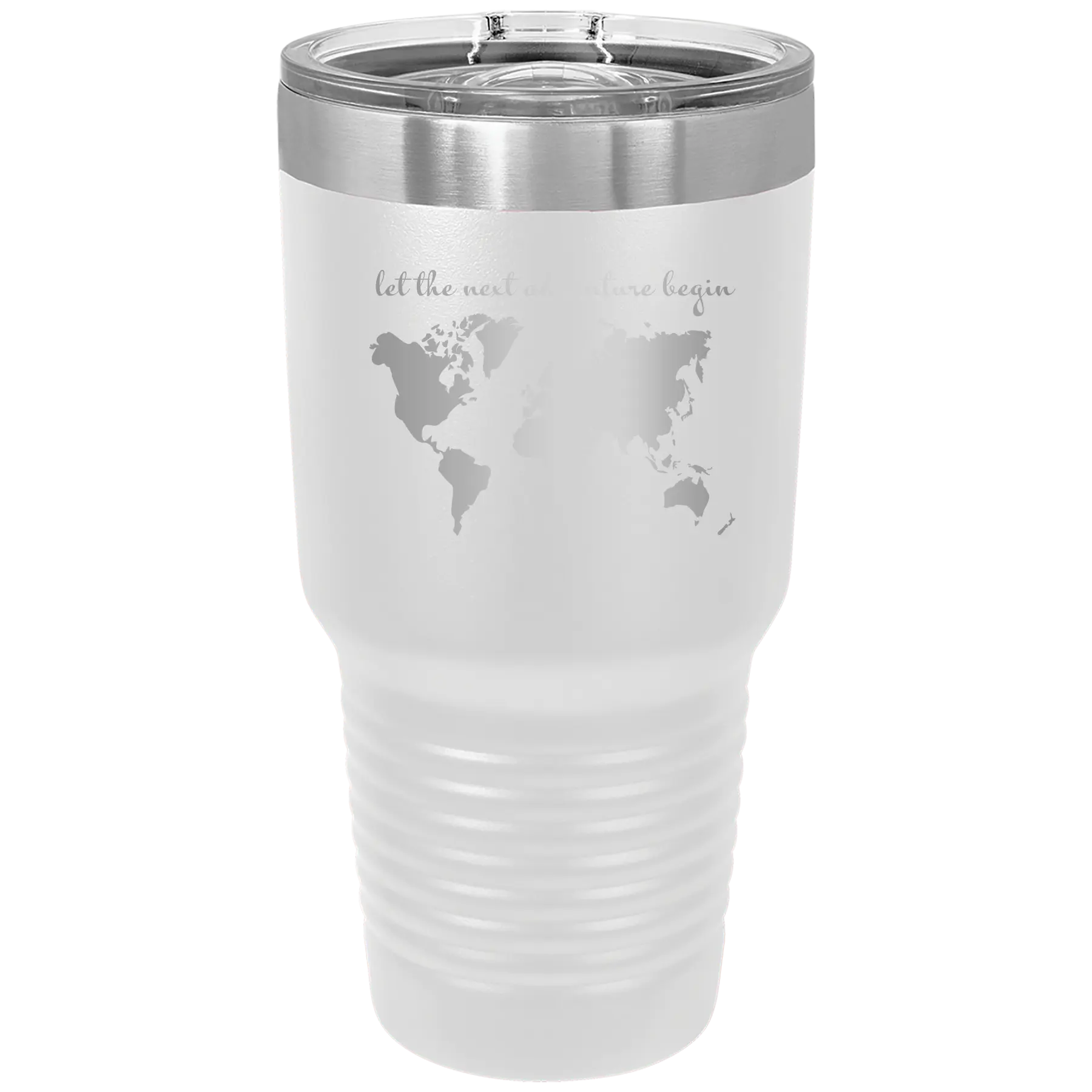 Laser etched white 30 oz vacuum insulated tumbler with 'Let the next adventure begin' design