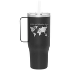 Laser etched black 40 oz vacuum insulated tumbler mug with 'Let the next adventure begin' design