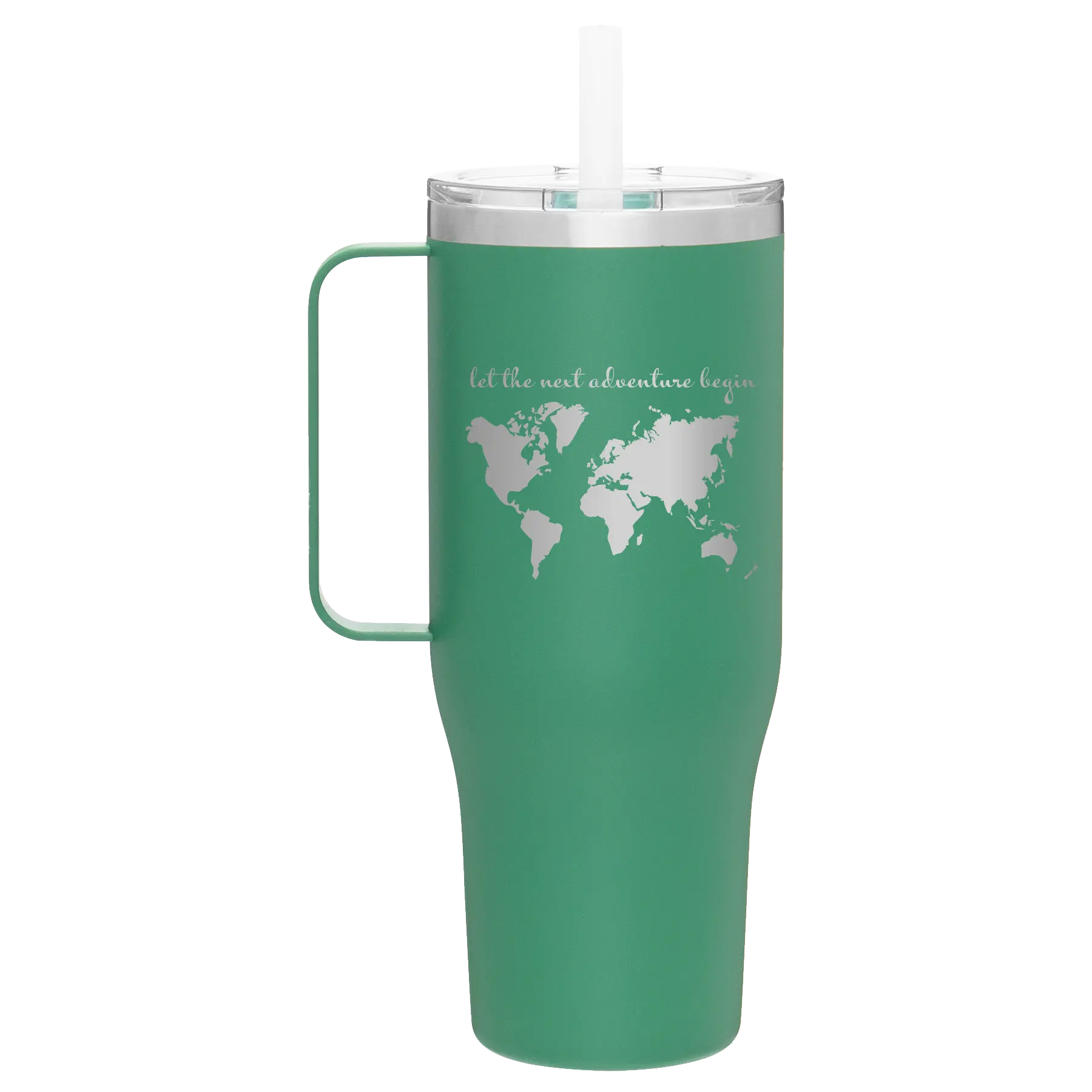 Laser etched forage 40 oz vacuum insulated tumbler mug with 'Let the next adventure begin' design