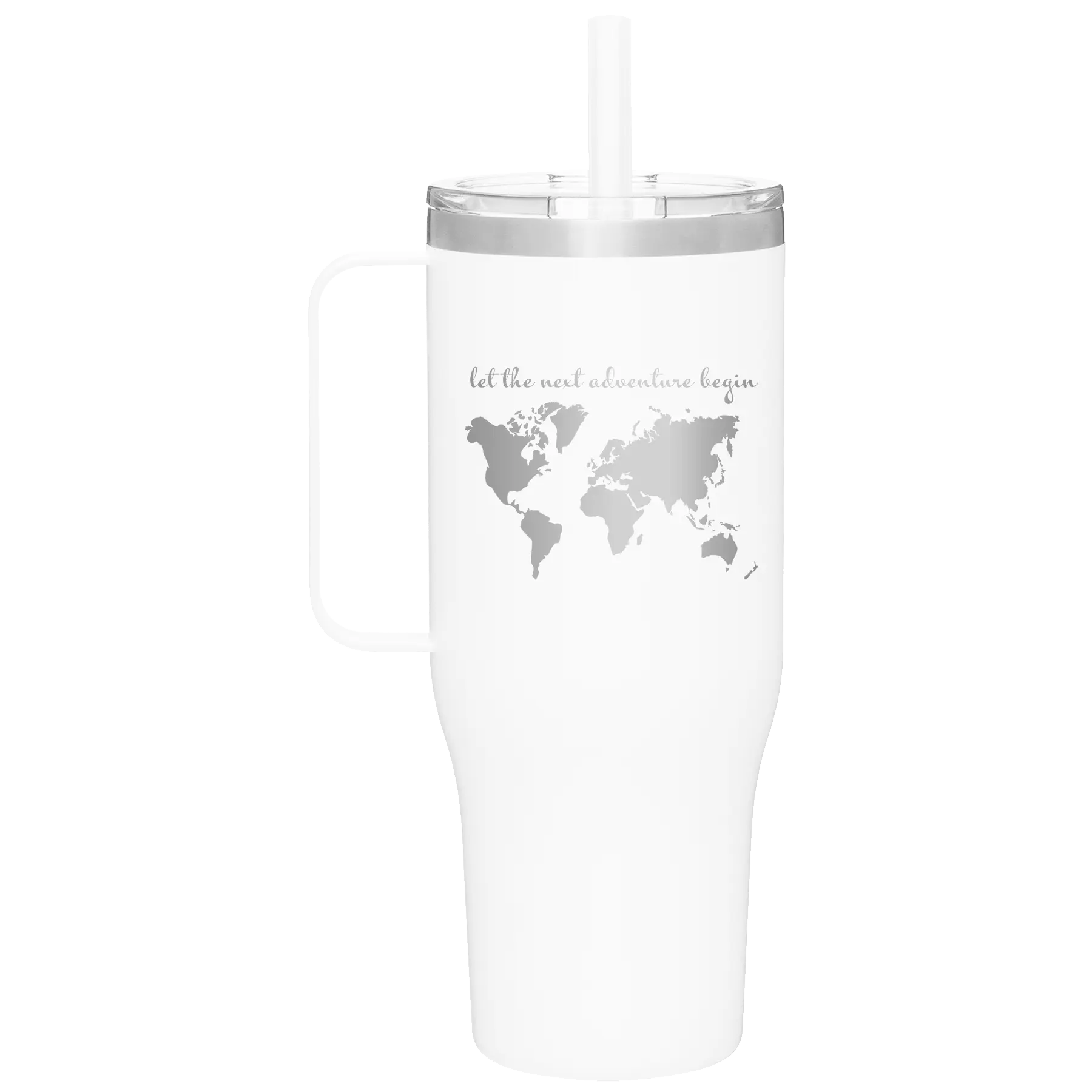 Laser etched white 40 oz vacuum insulated tumbler mug with 'Let the next adventure begin' design