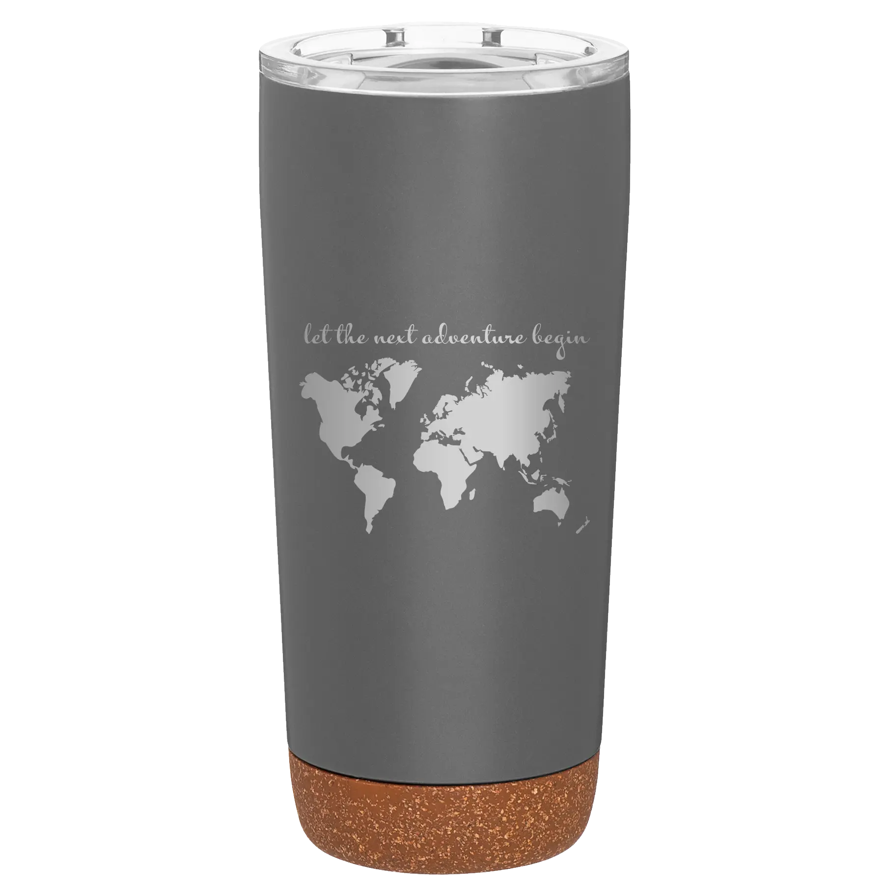Laser etched storm gray 20 oz vacuum insulated tumbler with 'Let the next adventure begin' design