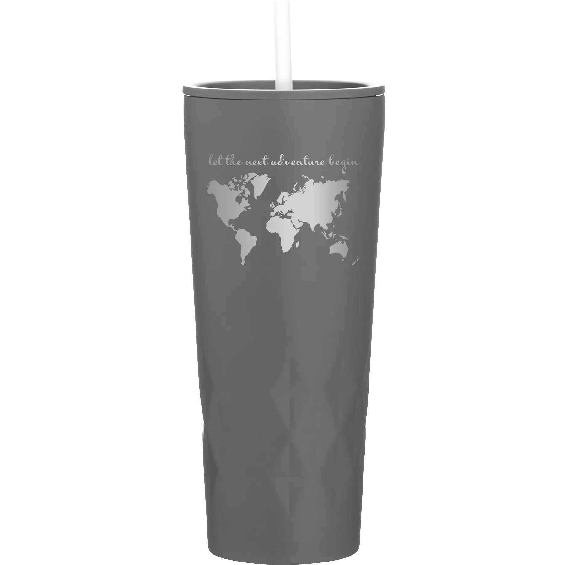 Laser etched slate 20 oz vacuum insulated tumbler with 'Let the next adventure begin' design