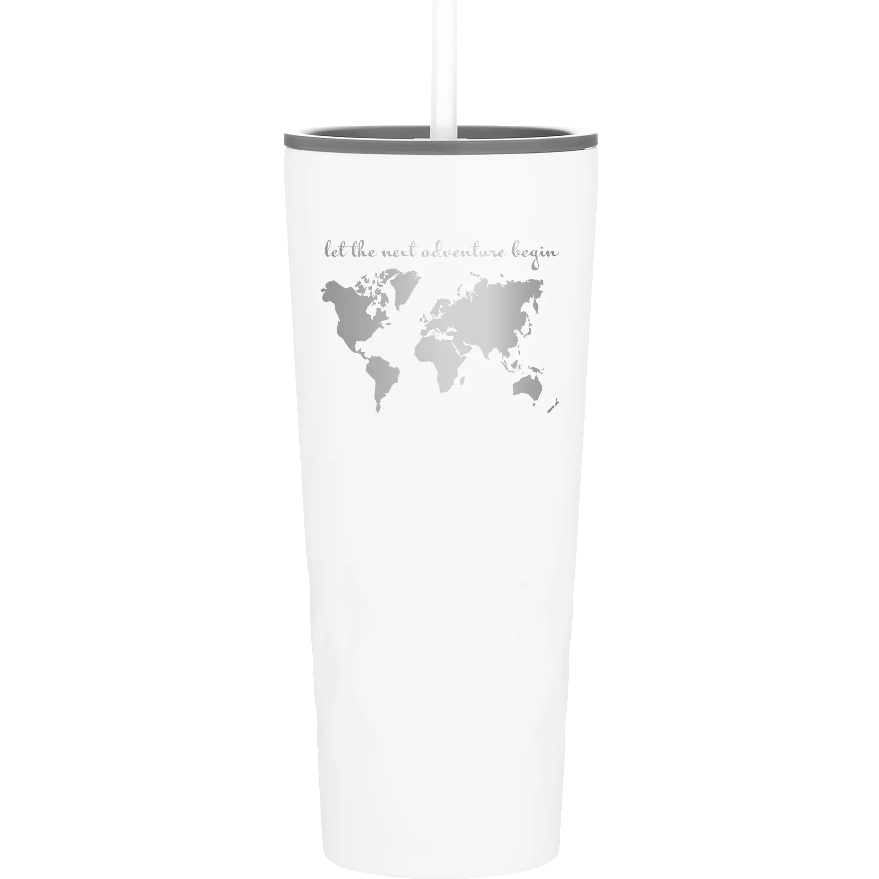 Laser etched white 20 oz vacuum insulated tumbler with 'Let the next adventure begin' design