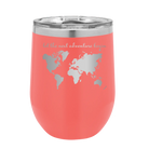 Laser etched coral 12 oz vacuum insulated wine cup with 'Let the next adventure begin' design