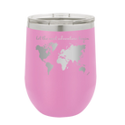 Laser etched light purple 12 oz vacuum insulated wine cup with 'Let the next adventure begin' design