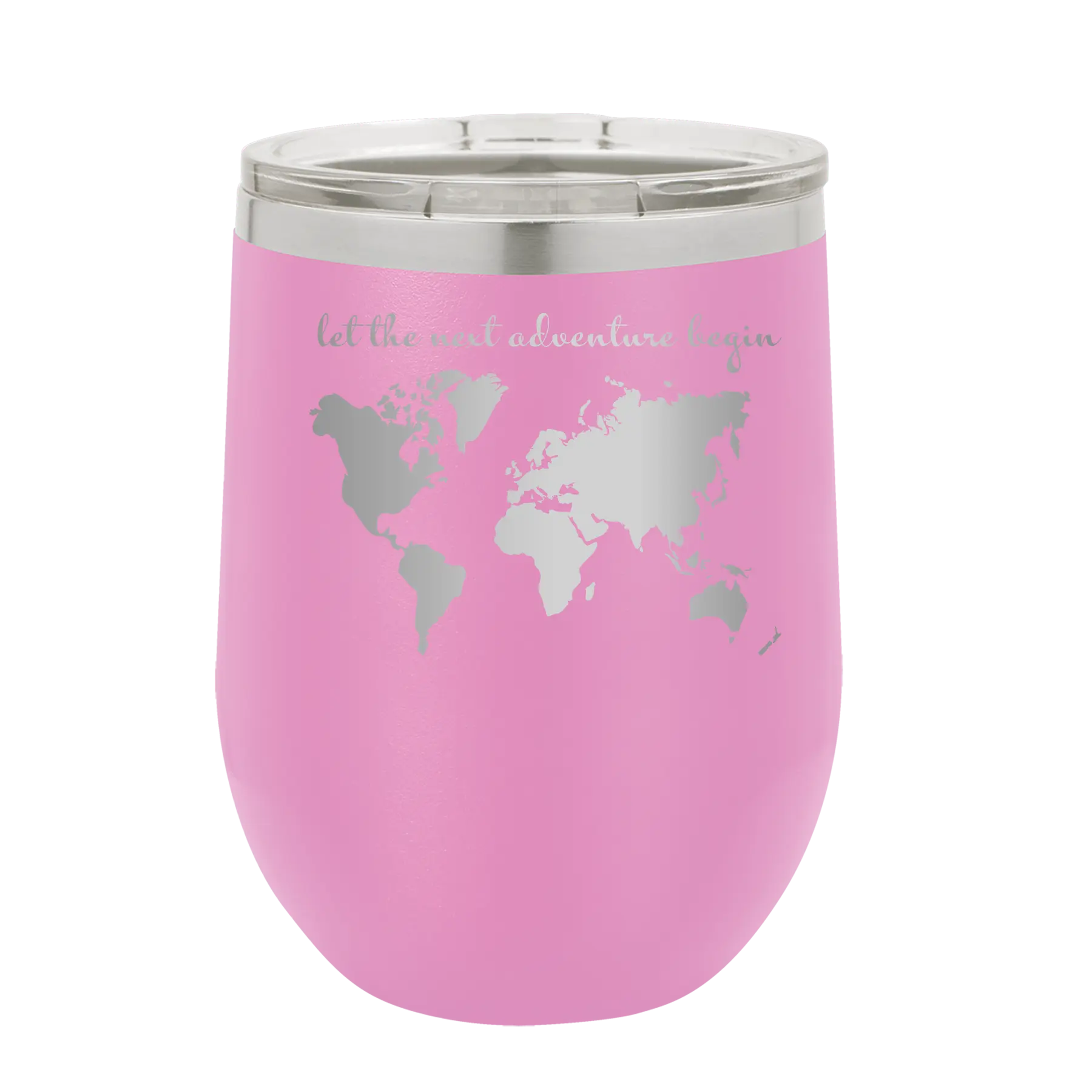 Laser etched light purple 12 oz vacuum insulated wine cup with 'Let the next adventure begin' design