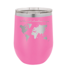 Laser etched pink 12 oz vacuum insulated wine cup with 'Let the next adventure begin' design