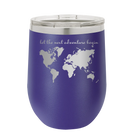 Laser etched purple 12 oz vacuum insulated wine cup with 'Let the next adventure begin' design