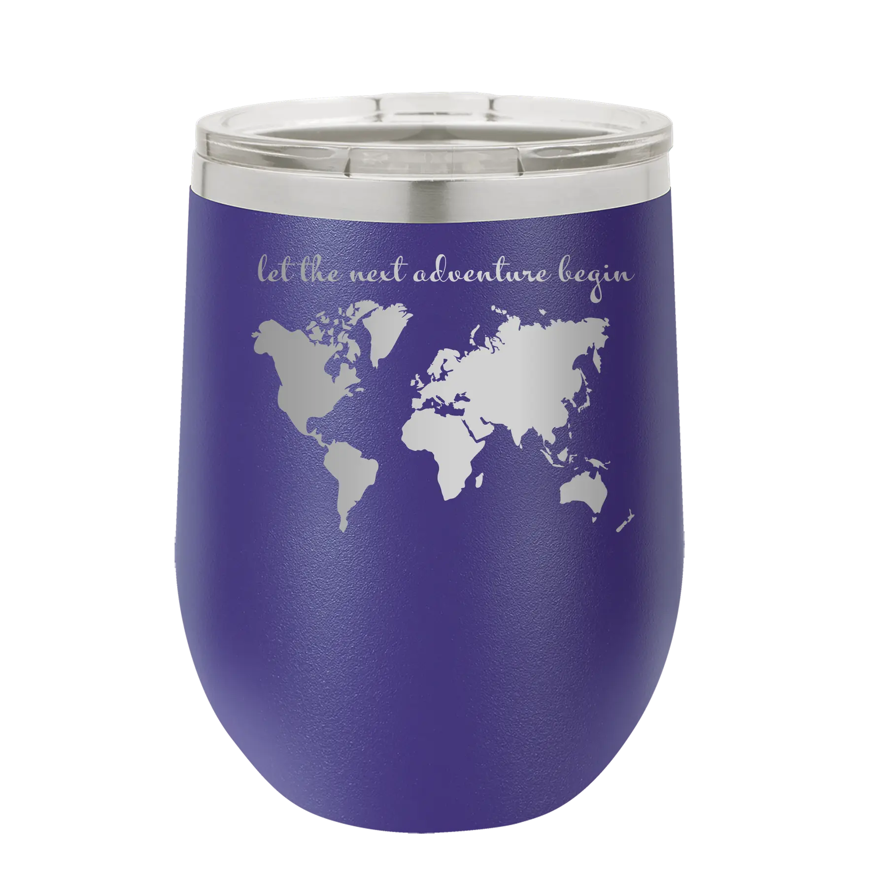 Laser etched purple 12 oz vacuum insulated wine cup with 'Let the next adventure begin' design