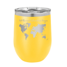 Laser etched yellow 12 oz vacuum insulated wine cup with 'Let the next adventure begin' design