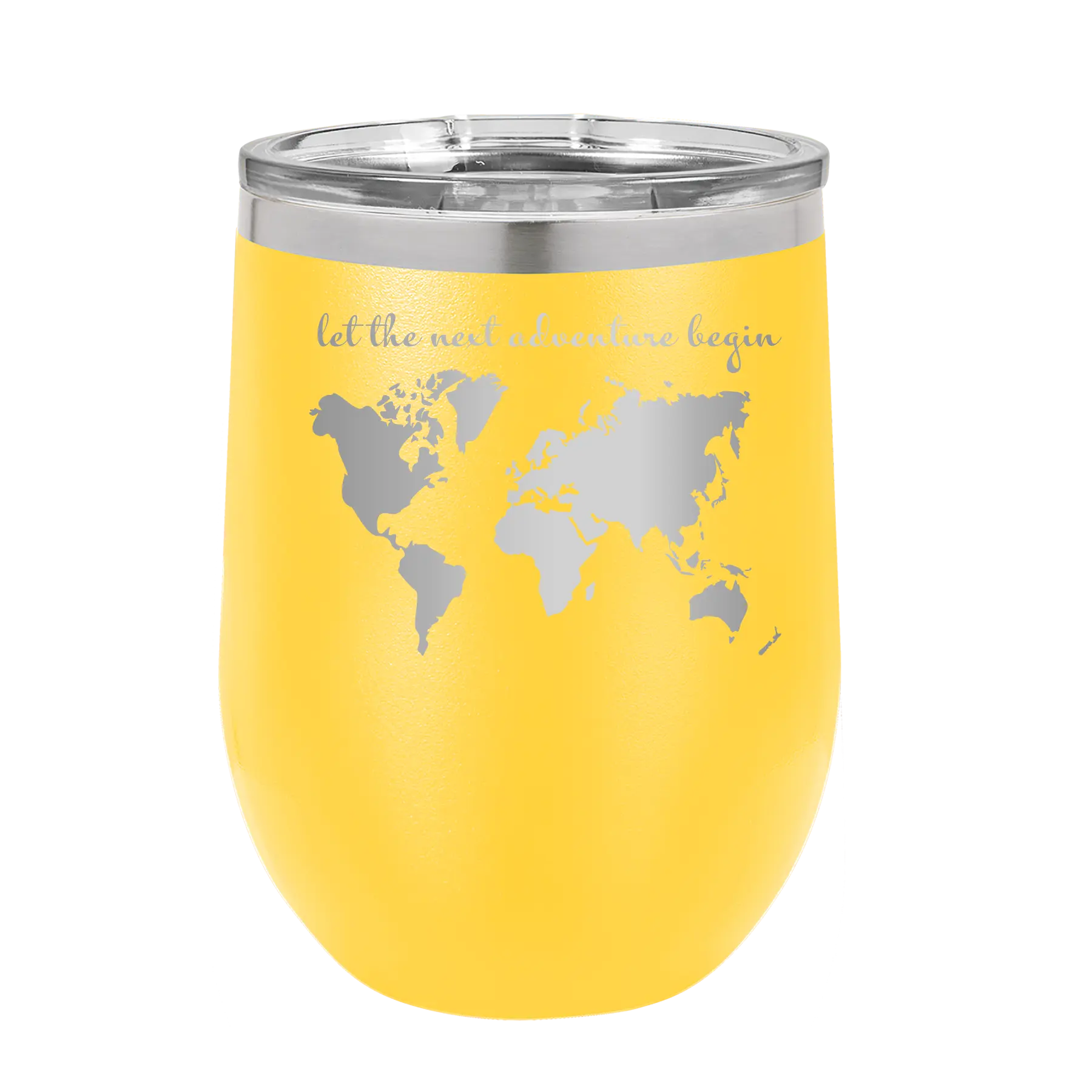 Laser etched yellow 12 oz vacuum insulated wine cup with 'Let the next adventure begin' design