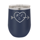 Personalized navy 12 oz vacuum insulated wine cup with 'Heart with Arrow' design