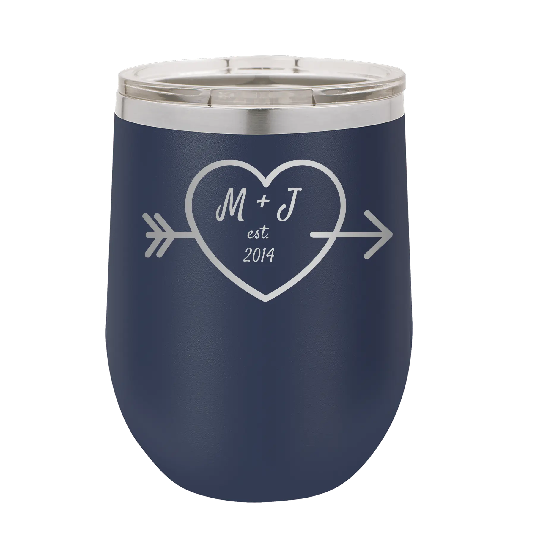Personalized navy 12 oz vacuum insulated wine cup with 'Heart with Arrow' design