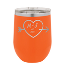 Personalized orange 12 oz vacuum insulated wine cup with 'Heart with Arrow' design