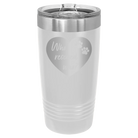 Laser etched white 20 oz vacuum insulated tumbler with 'Who Rescued Who' design