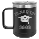 Personalized black 15 oz vacuum insulated coffee mug with 'Class of with Cap' design