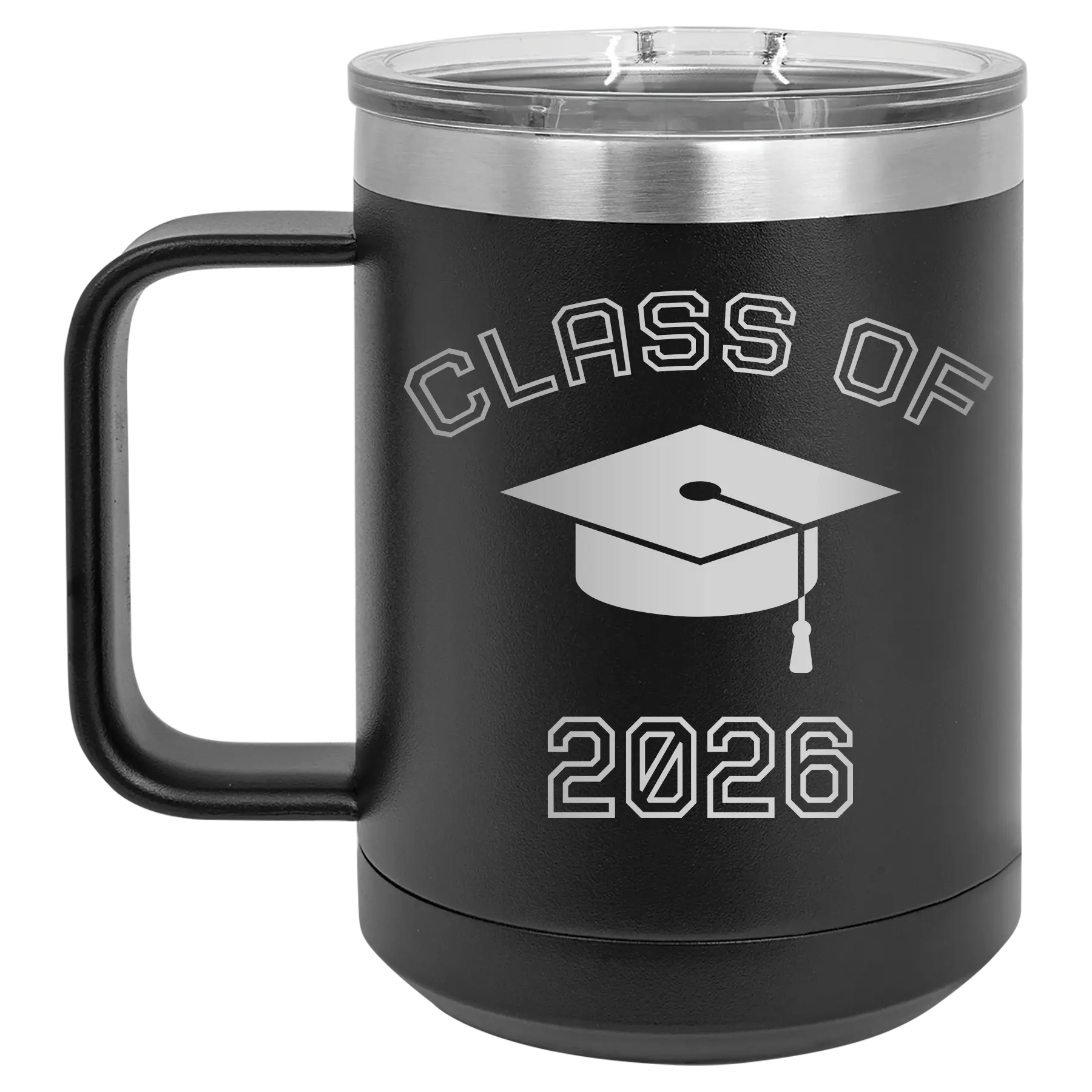 Personalized black 15 oz vacuum insulated coffee mug with 'Class of with Cap' design