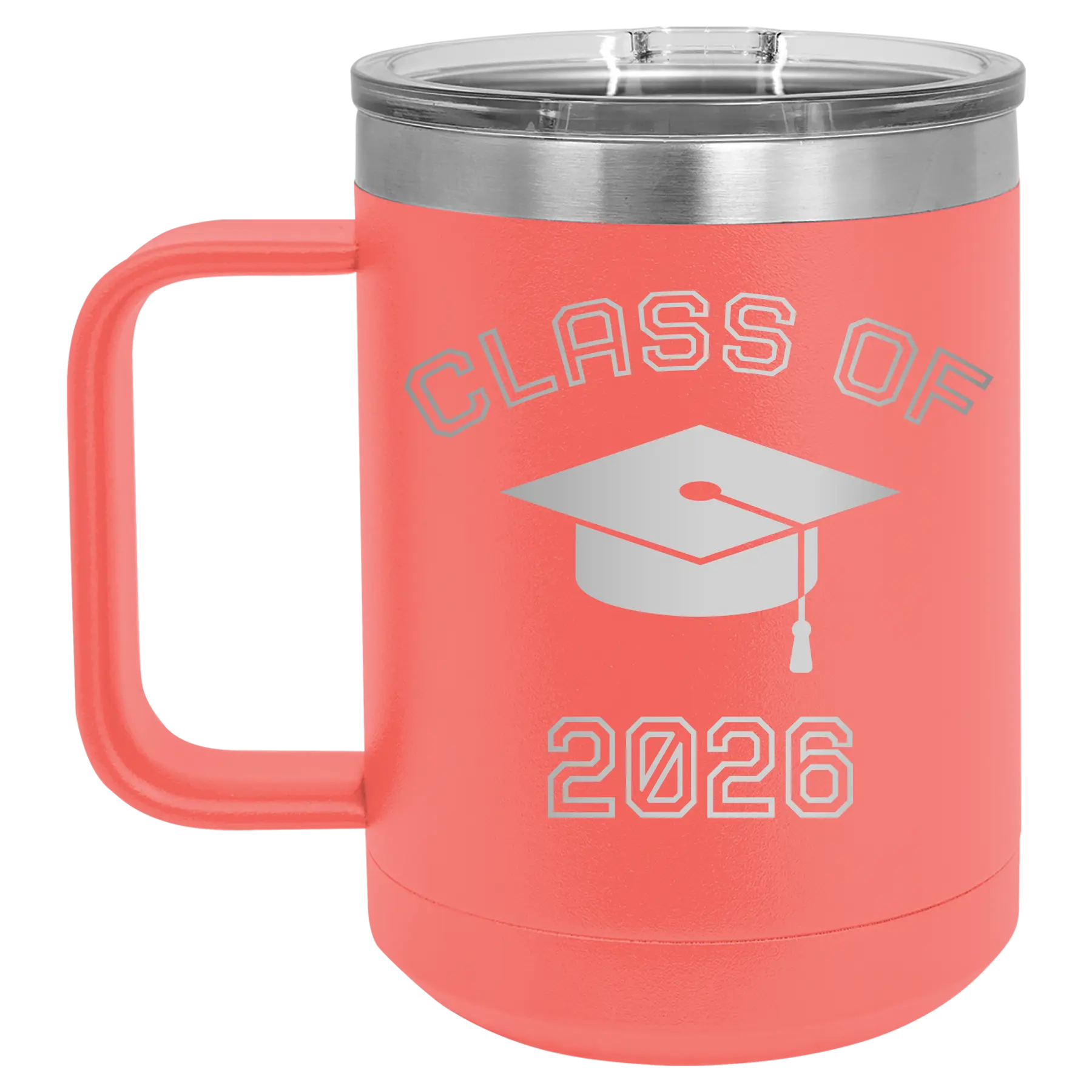 Personalized coral 15 oz vacuum insulated coffee mug with 'Class of with Cap' design