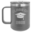 Personalized dark gray 15 oz vacuum insulated coffee mug with 'Class of with Cap' design