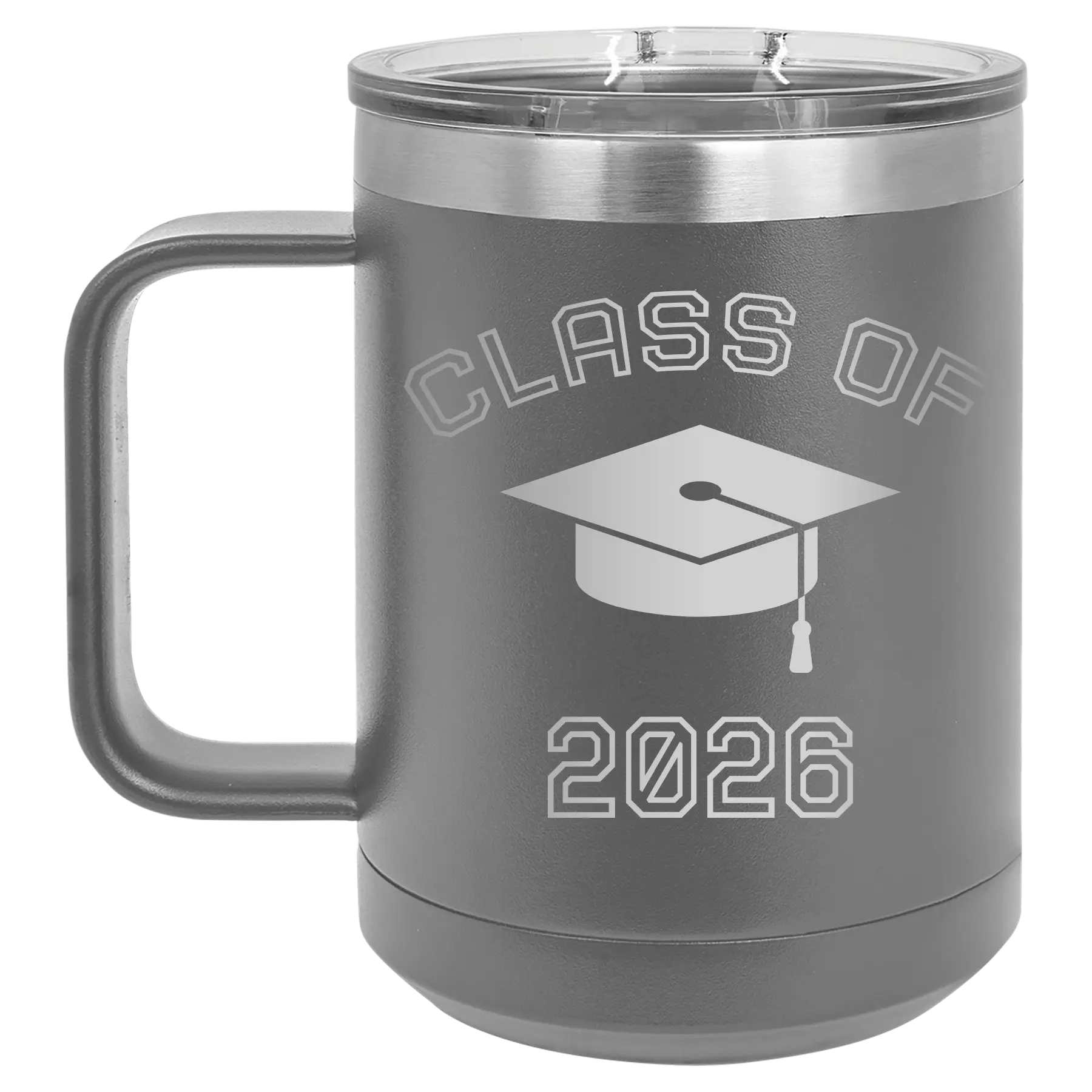 Personalized dark gray 15 oz vacuum insulated coffee mug with 'Class of with Cap' design