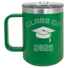 Personalized green 15 oz vacuum insulated coffee mug with 'Class of with Cap' design